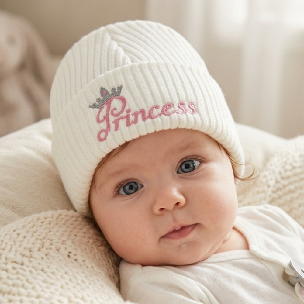 KW120: Baby Embroidered Princess Knitted Hat (Newborn -3 Months) KW120: Baby Embroidered Princess Knitted Hat (Newborn -3 Months)